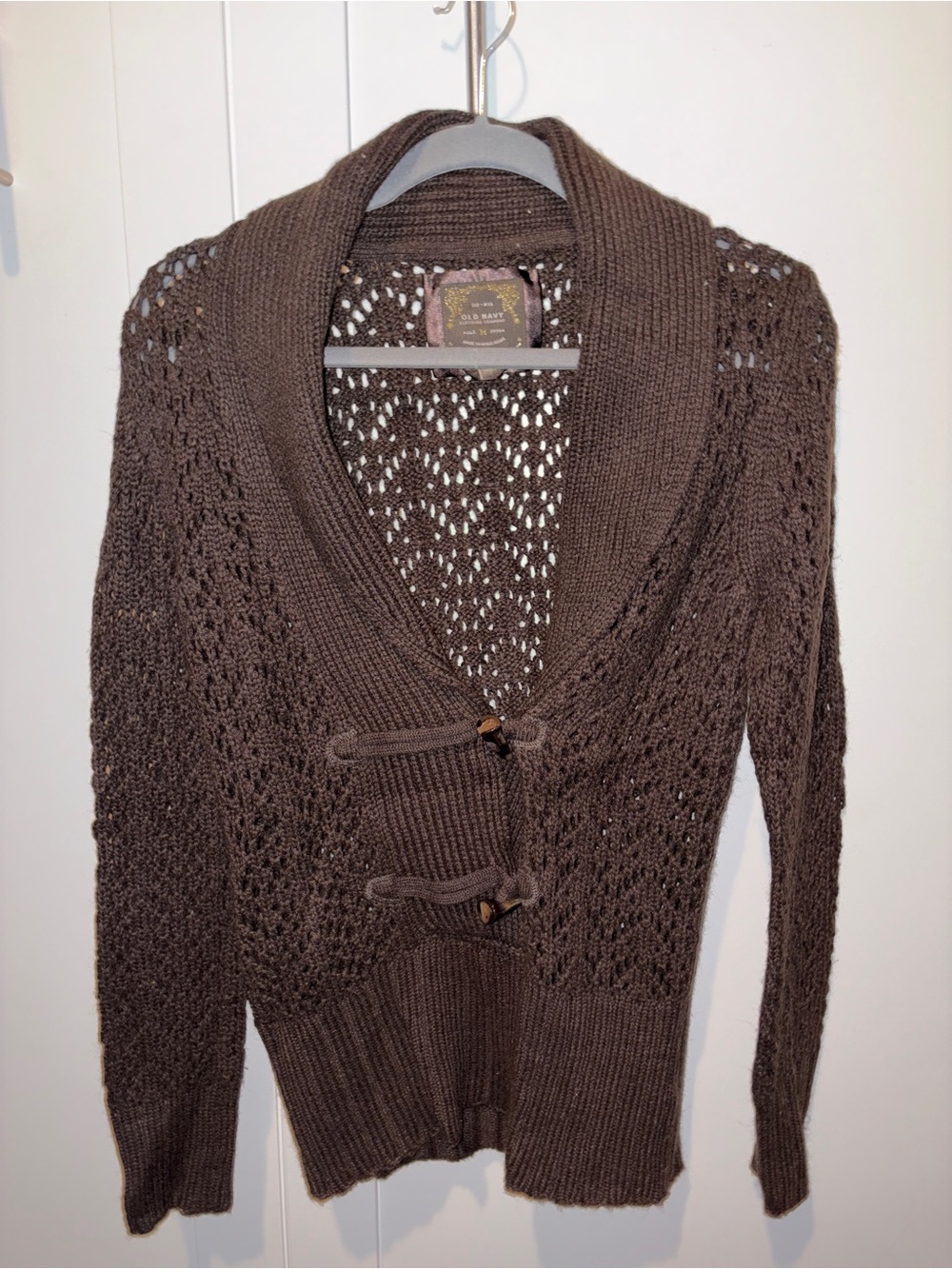 Old Navy Brown Crochet Shawl-Collar Cardigan with Toggle Closures